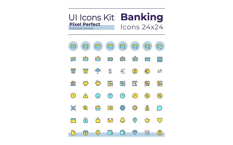 Bank- en financiële pixel perfecte RGB-kleuren ui-pictogrammen set