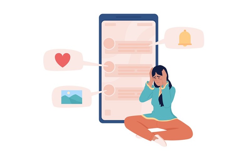 Femme avec caractère de vecteur de couleur plat addiction aux médias sociaux