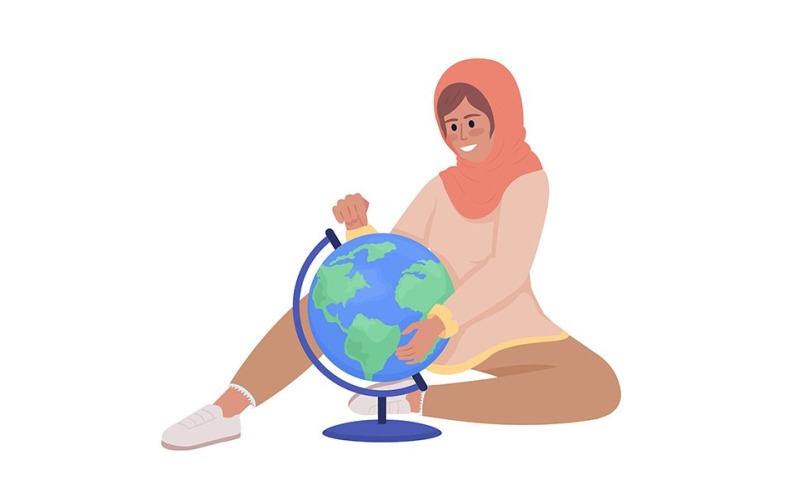 Garota animada estudando o personagem de vetor de cor do globo terrestre