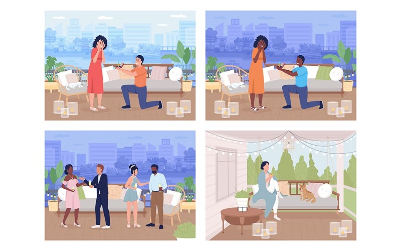 Hygge patio uspořádání barevné vektorové ilustrace sada