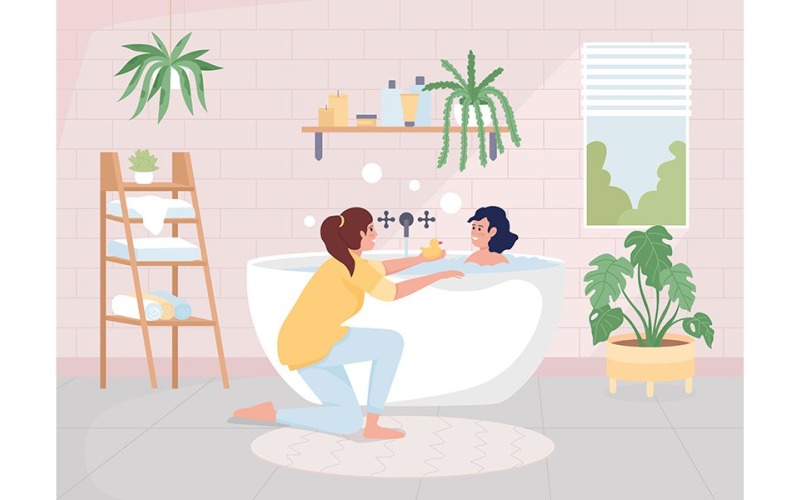 Madre bañando a su hija ilustración vectorial de color