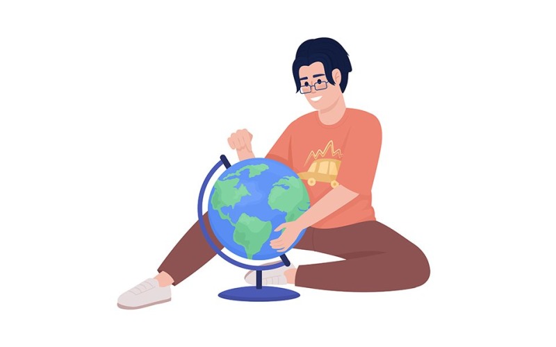 Mosolygó fiú tanul világ globe színes vektor karakter