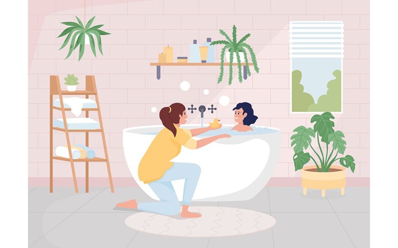 Mother bathing her daughter color vector illustration