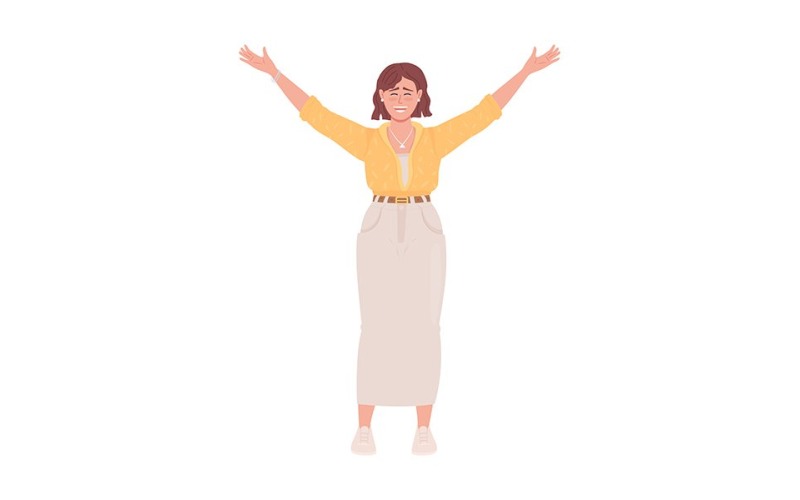 Mujer alegre levantando las manos carácter vectorial de color plano