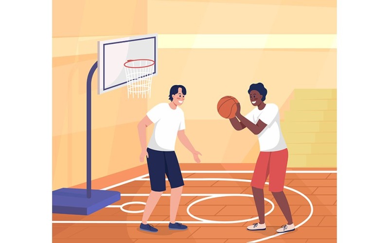 Gymnasiasten, die Basketball spielen, Farbvektorillustration