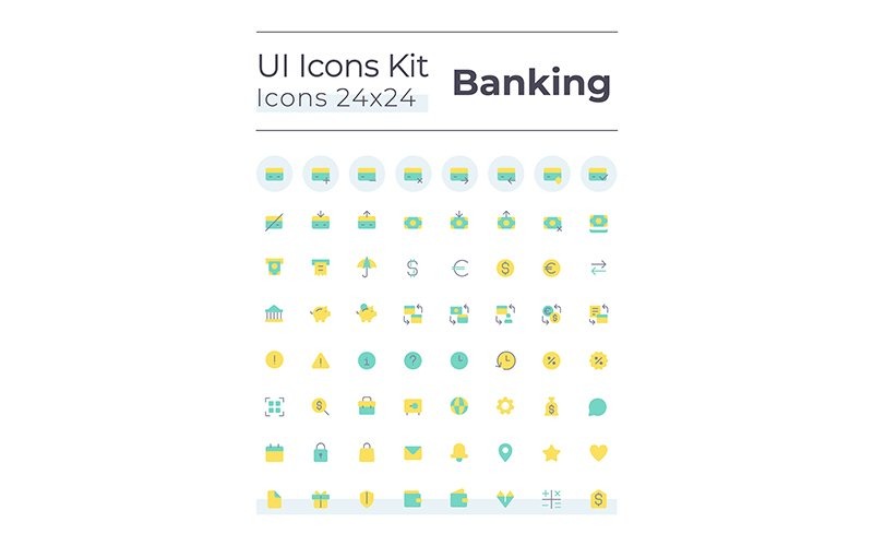 Bankovnictví a finance ploché barevné ui ikony nastavit