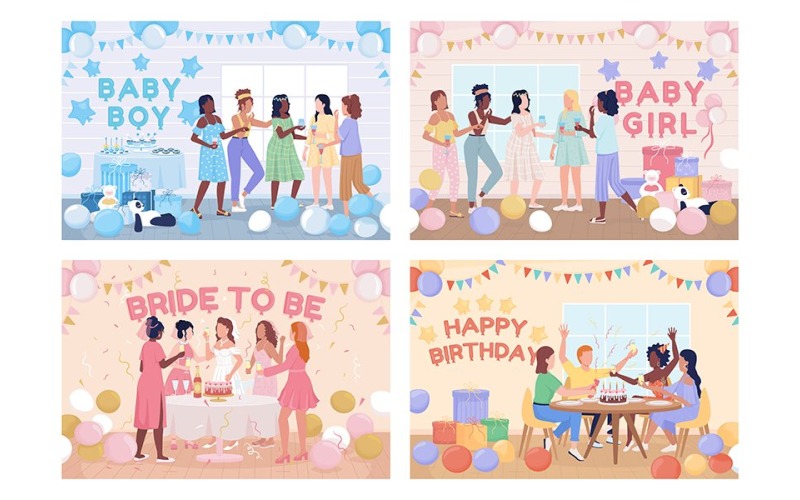 Conjunto de ilustração vetorial de cor plana de festa em casa