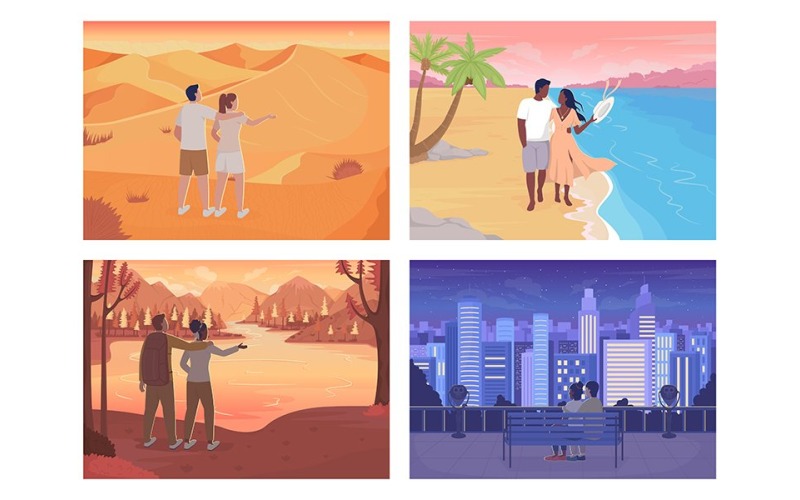Fuga romantica con l'amato set di illustrazioni vettoriali a colori