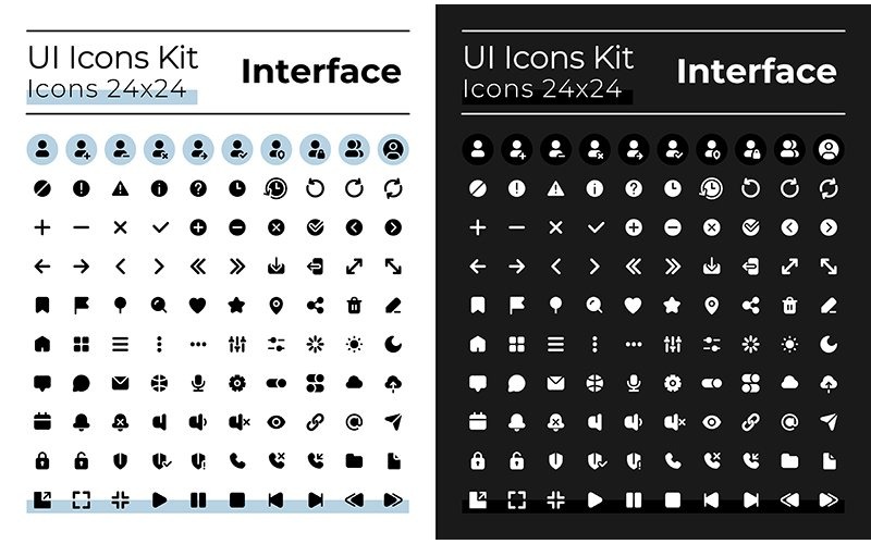 Minimalistische en eenvoudig ogende glyph ui-pictogrammen voor donkere, lichte modus