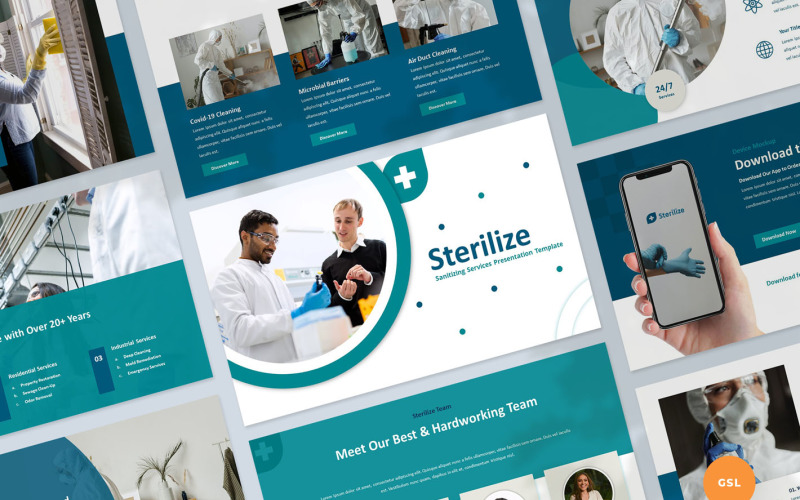 Modello di presentazione dei servizi igienizzanti per le diapositive di Google