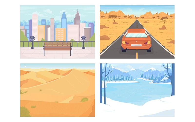 Säsongsbetonade landskap färg vektor illustration set