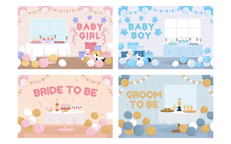 Set di illustrazioni vettoriali a colori per decorazioni per feste in casa