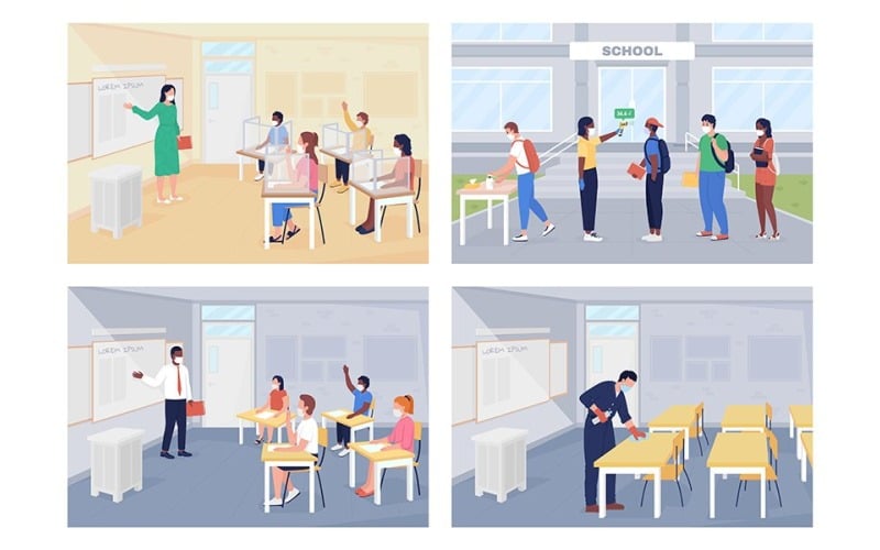 Após as regras de pandemia covid no conjunto de ilustração de cores da escola