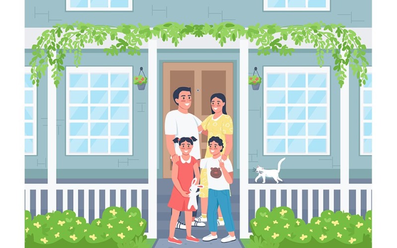 Família feliz posando na ilustração vetorial de cor do pátio da casa