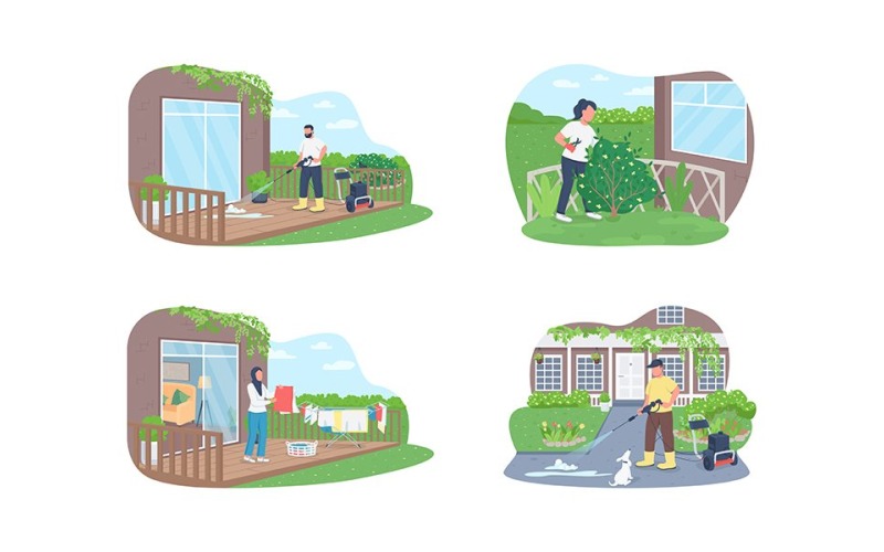 Ilustração de trabalho de limpeza sazonal ao ar livre