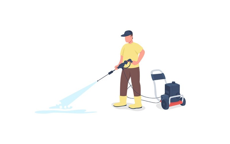 Professzionális takarító berendezés színes vektor arctalan karakter