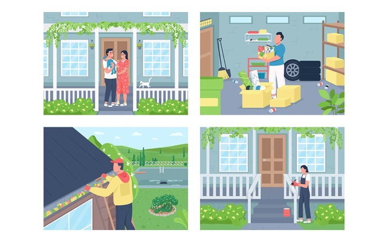 Vita residenziale, set di illustrazioni vettoriali a colori per la pulizia della casa primaverile