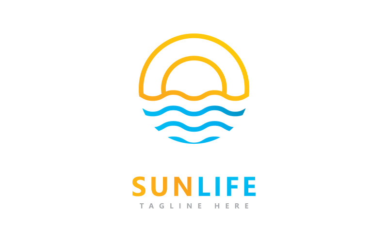 Modèle de conception de logo vectoriel soleil et vague d'eau V6