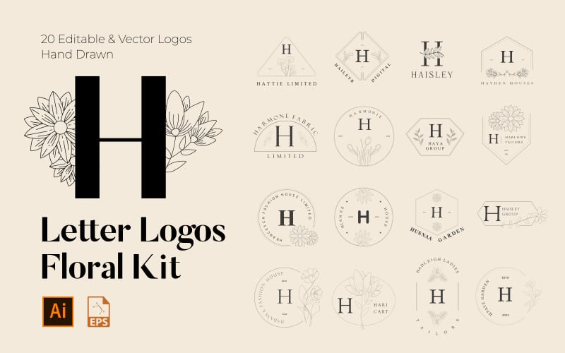 Kit de logotipos florais feitos à mão com letra H