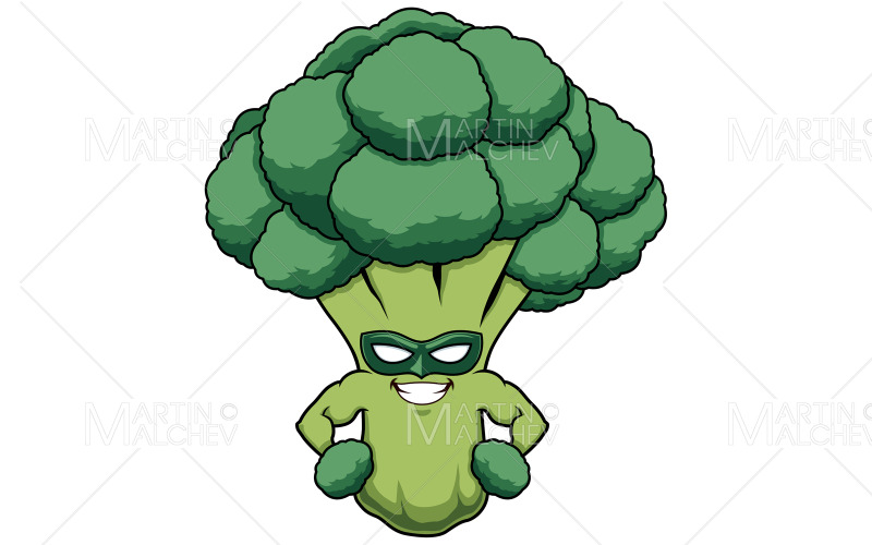Ilustração vetorial de mascote de super-herói de brócolis
