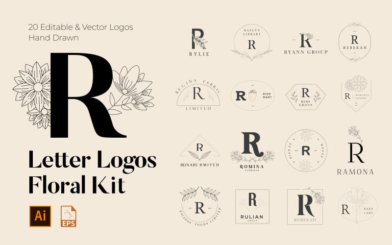 Kit de logos floraux faits à la main avec lettre R