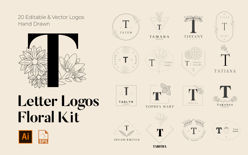 Kit de logos floraux faits à la main avec lettre T