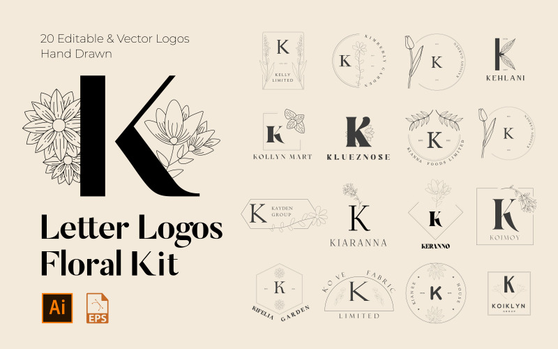 Kit de logotipos florais feitos à mão com letras K