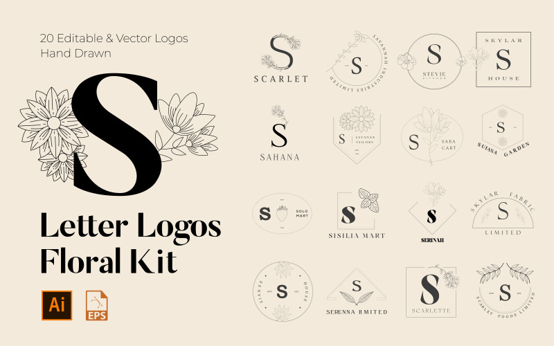 S Letter Floral Handgjorda logotyper kit
