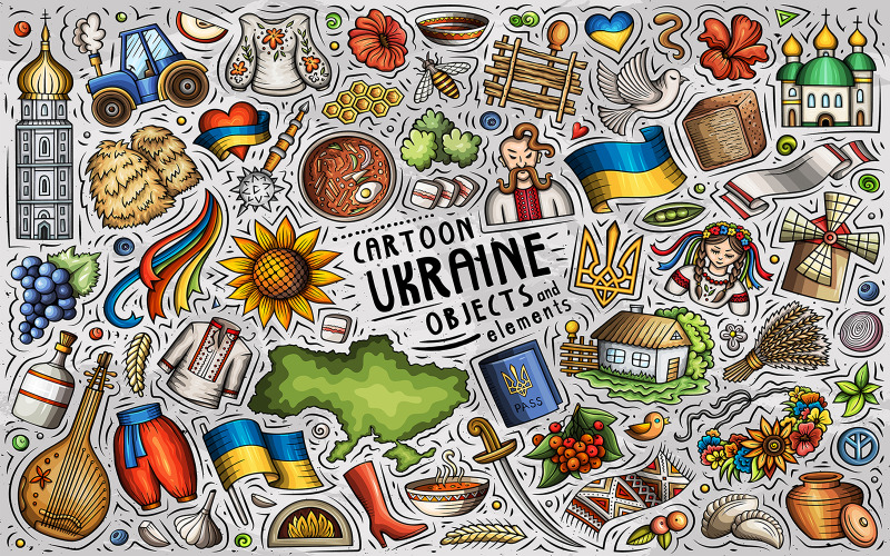 Set di oggetti ucraini. Illustrazione vettoriale dei cartoni animati