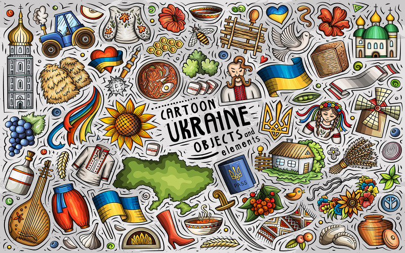 Украинский набор объектов. Мультфильм векторные иллюстрации