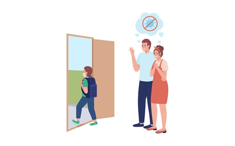 Mamá y papá ven a su hijo a la lección de carácter vectorial de color