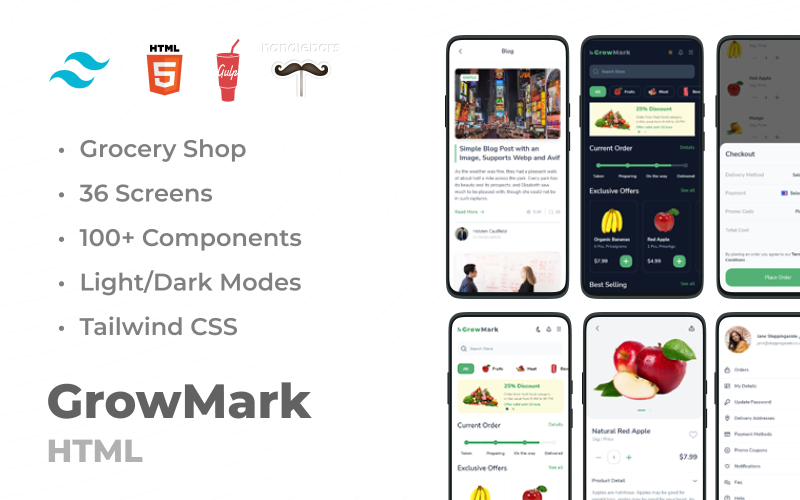 GrowMark – Élelmiszerpiac Tailwind HTML-sablonja