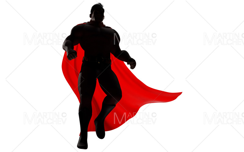 Super-herói voando e sorrindo na renderização 3D de silhueta branca