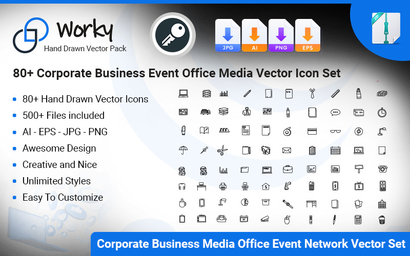 Worky - 80+ Conjunto de ícones de vetor de rede de mídia de escritório de negócios