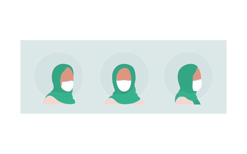 Arabische vrouwen semi egale kleur vector karakter avatar met masker set