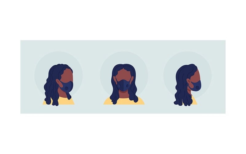 Avatar de personagem de vetor de cor semi plana de mulher negra com conjunto de máscara