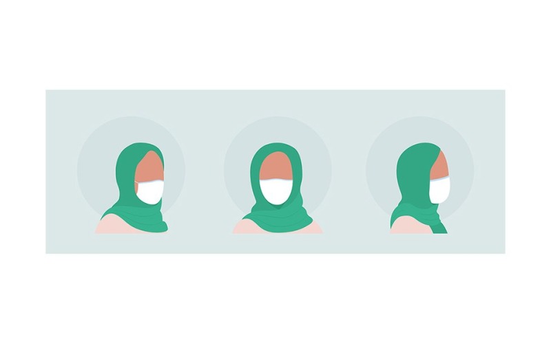 Avatar de personagem de vetor de cor semi plana de mulheres árabes com conjunto de máscara