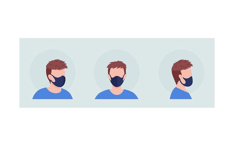 Fekete maszkot viselő félig lapos színű vektor karakter avatar készlet