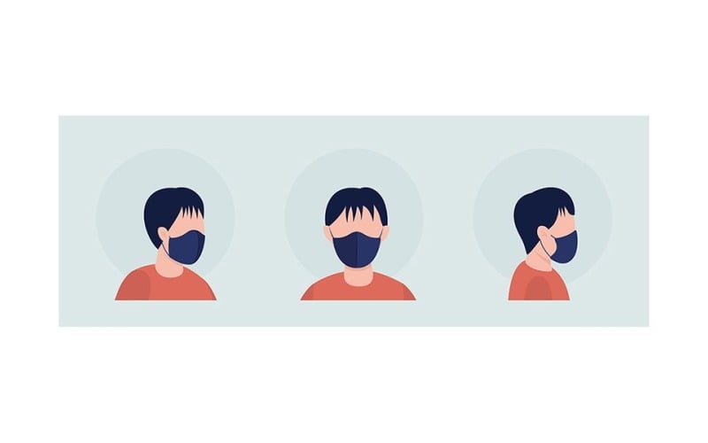 Jonge jongen semi-egale kleur vector karakter avatar met masker set
