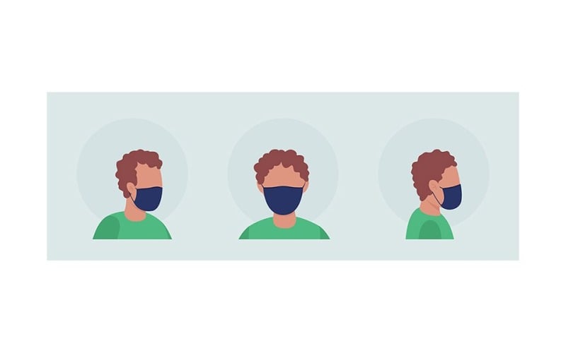 Latino pojke semi platt färg vektor karaktär avatar med mask set