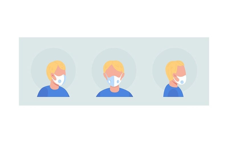 Ljushårig pojke semi platt färg vektor karaktär avatar med mask set