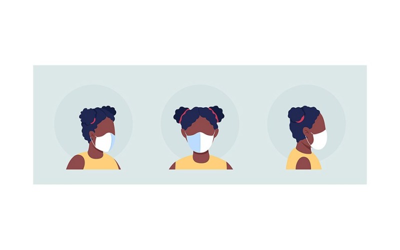Menina africana com conjunto de avatar de personagem de vetor de cor semi plana de máscara