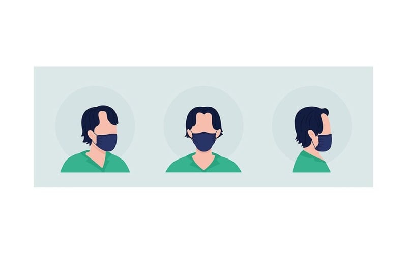 No-pleat mask bärare semi platt färg vektor karaktär avatar set