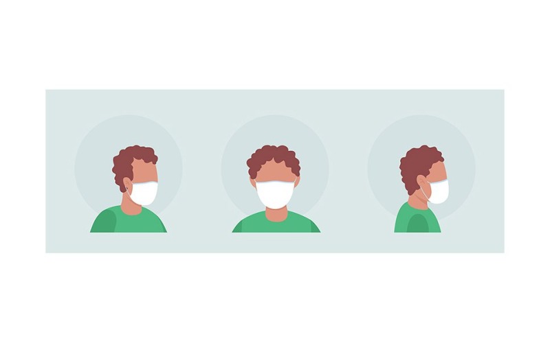 Rapaz com máscara elástica conjunto de avatar de personagem de vetor de cor semi plana