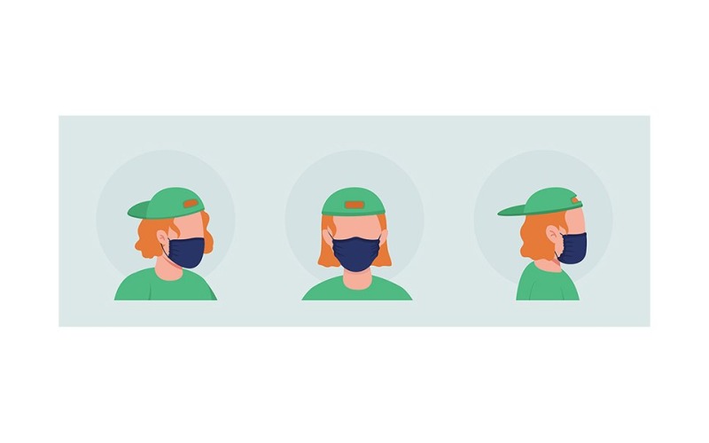 Tiener met zwart masker semi-egale kleur vector avatar karakterset