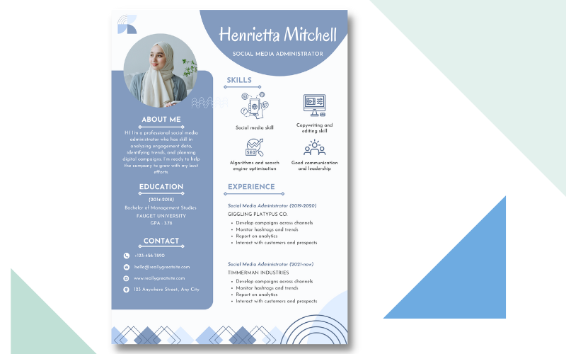 Currículo de administrador de mídia social simples azul pastel