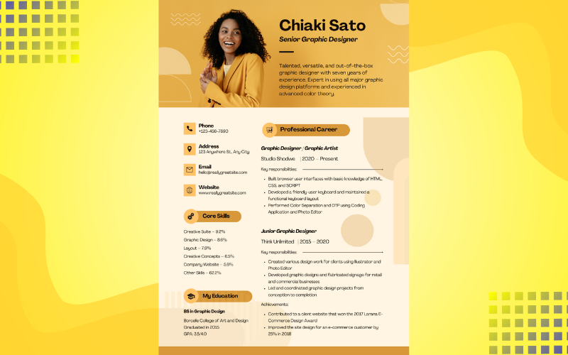 Currículum vitae de diseño gráfico creativo amarillo Curriculum Vitae