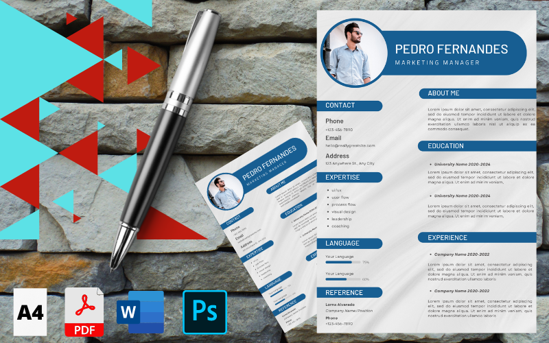 Modelo de currículo digital simples de fundo azul e branco