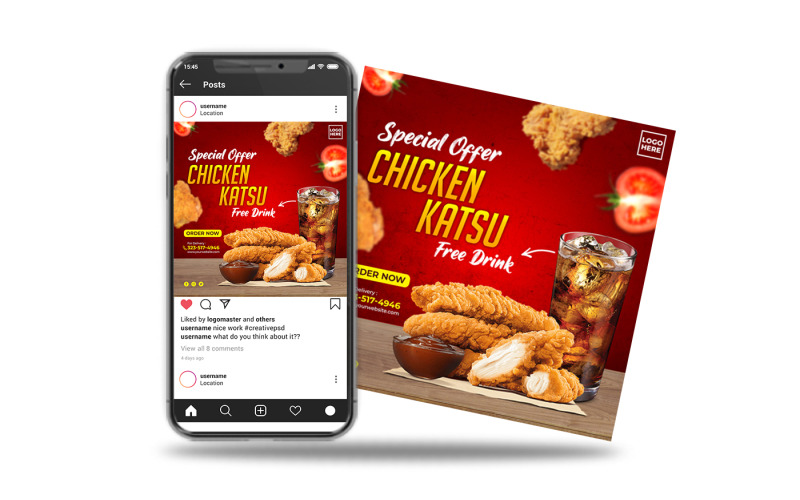 instagram příspěvek na sociální média jídlo kuřecí katsu
