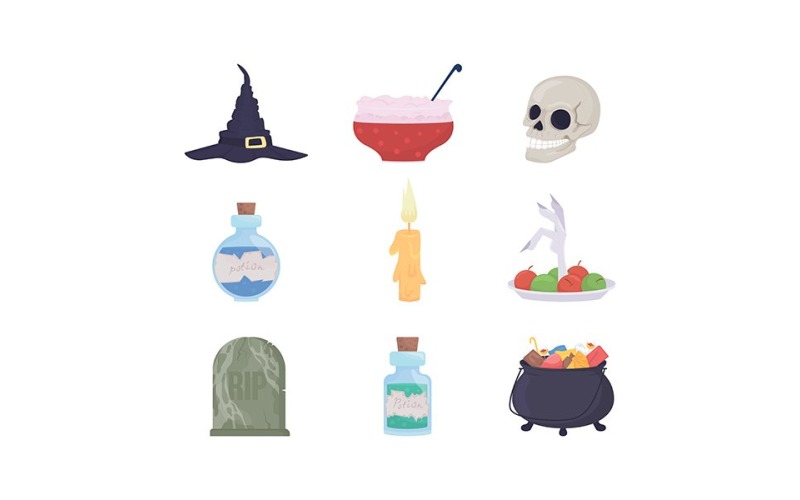 Conjunto de itens de vetor de cores semi planas de decorações de Halloween